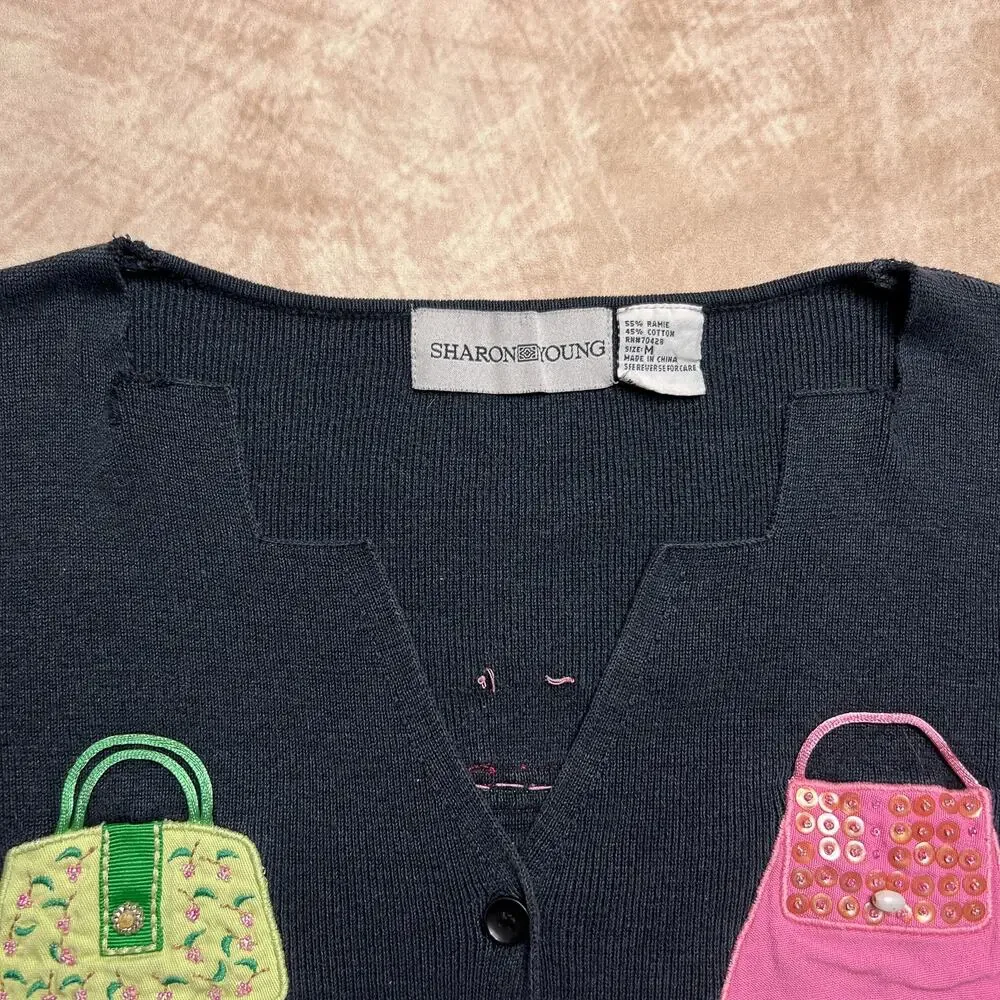 Vintage 90s Sharon Young Embroidered Handbag Purse Cardigan Sweater Beaded Indie